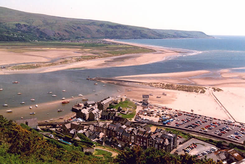 view from mountain of Barmouth Harbour area of town